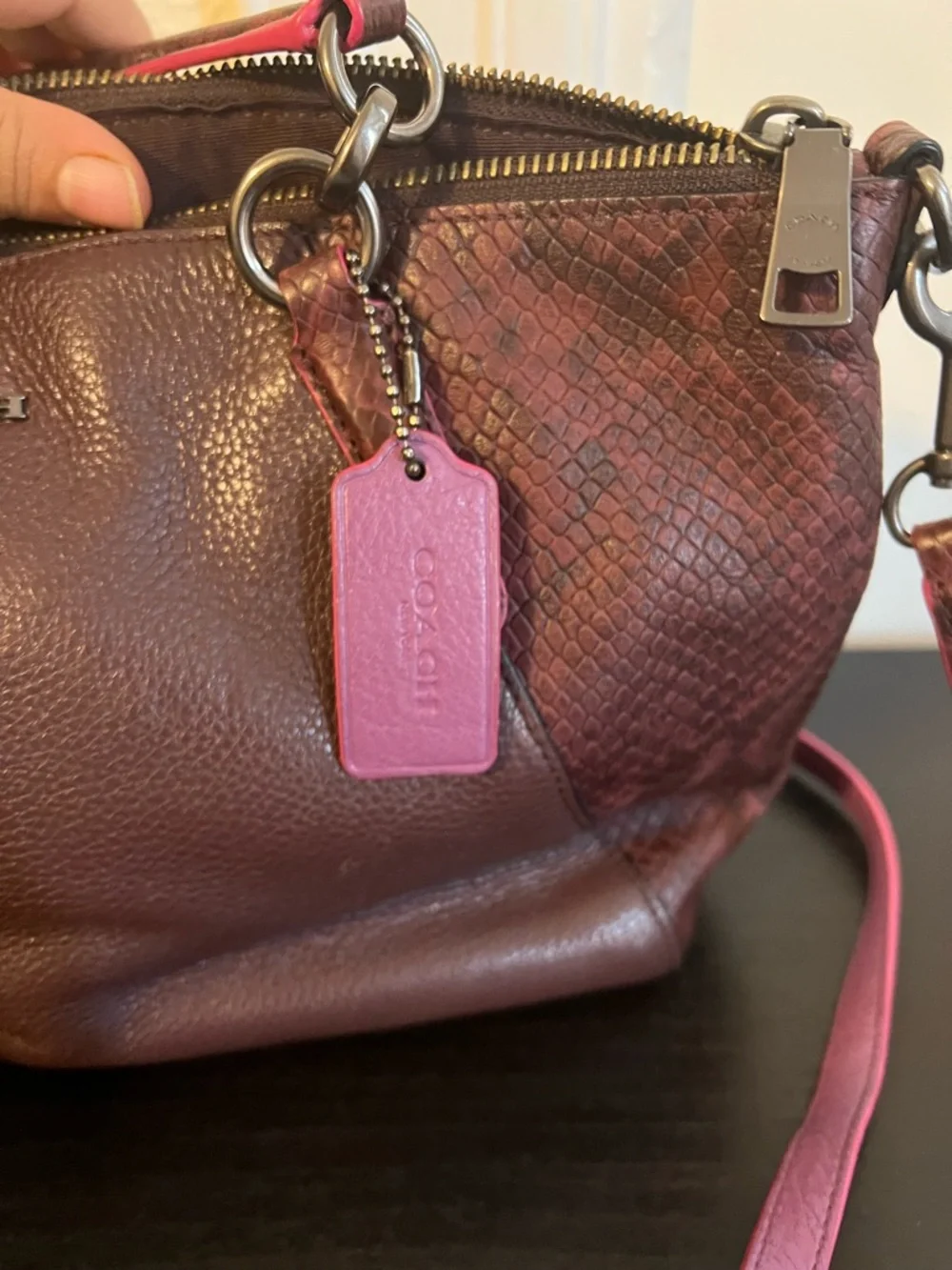 Coach Pebbled Leather Shoulder Bag in Wine with Pink Trim